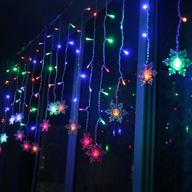 Christmas Decorations 2024 Snowflake Window Curtain Garlands Led Icicle Fairy Lights Flashing 8 Modes EU-Plug New Year