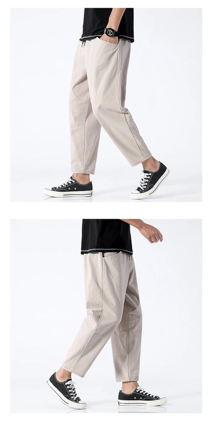 100% Cotton Summer Casual Pants for Men - Trendy Japanese Style Cropped Loose-Fit Pants, Available in Size 5XL