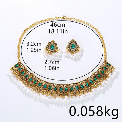 Luxury Vintage Indian Jewelry Set - Antique Gold Plated Crystal Zircon Necklace and Earrings