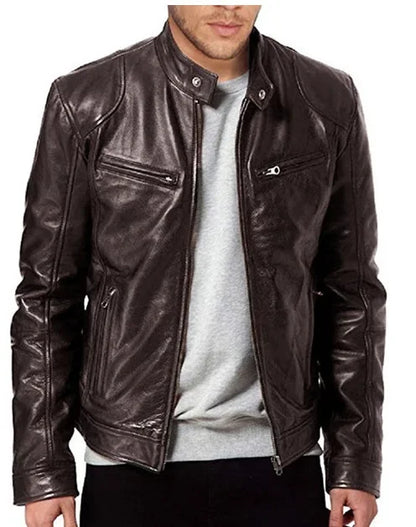 Men's Stand Collar Slimming Leather Jacket Zipper Pocket Decoration, Leather Motorcycle Coat