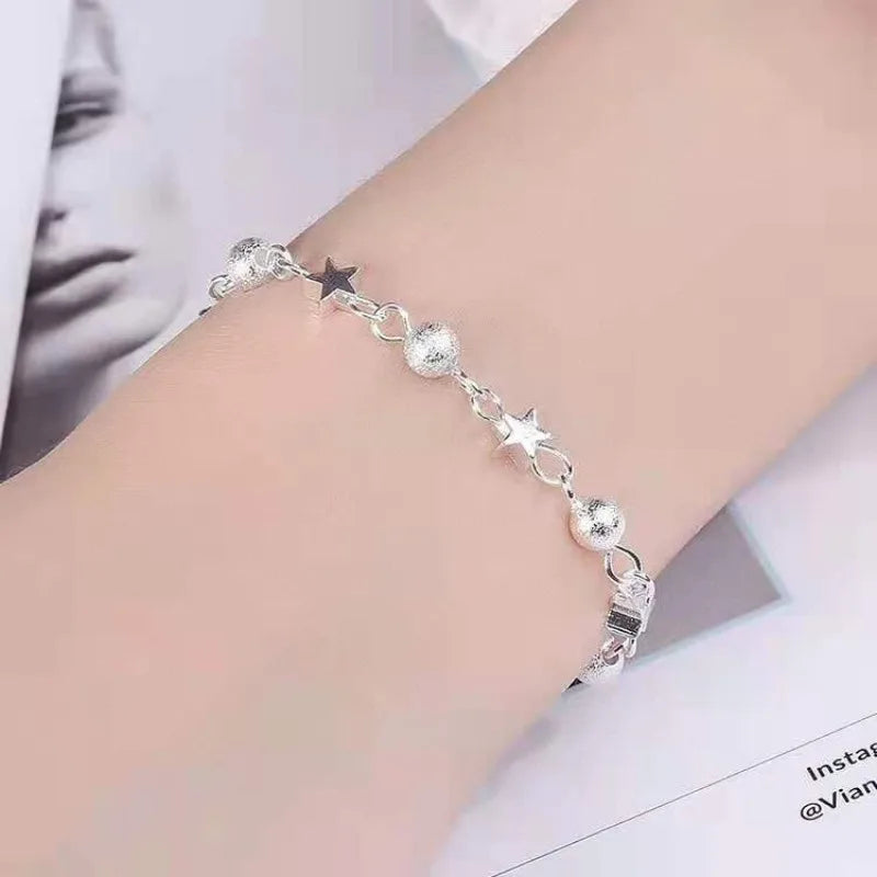 925 Sterling Silver Stars Bracelets For Women Fashion Korean Designer Frosted Bead Bracelet Beautiful Party Wedding Jewelry Gift