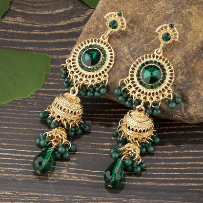 Bollywood Jhumka Oxidized Indian Earrings for Women - Water Drop Jewelry, New Fashion Retro Palace Ethnic Green Zircon Earrings