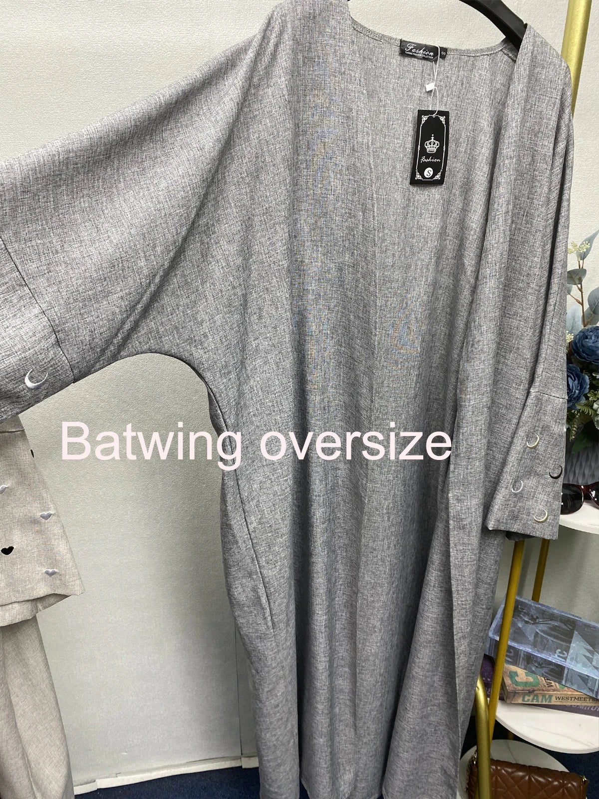 Ramadan Linen Open Abayas for Women with Heart Moon Embroidery One Piece with Bat Sleeve Kaftan Muslim Clothing no Hijab