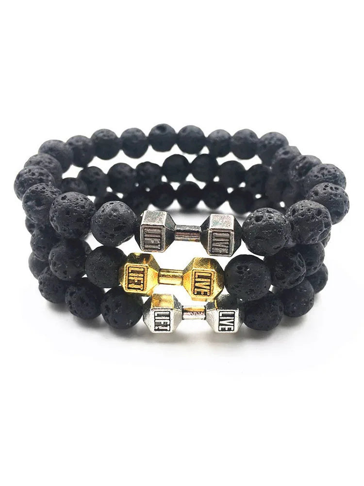 Natural Black Volcanic Lava Stone Dumbbell Bracelet black Matte Beads Bracelets For Women Men Fitness Barbell Jewelry Pulseras