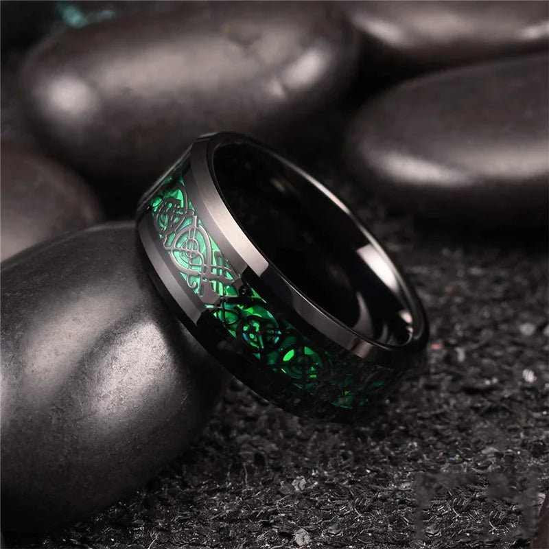 10 Colors 8mm Men's Stainless Steel Celtic Dragon Ring Inlay Red Green Black Carbon Fiber ring Wedding Band Jewelry Size 6-13