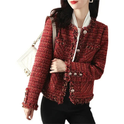 New Autumn Jacket French High end Temperament Red Fragrant Coat Women Short Thick Tweed Outwear Female Cropped Jacket Tops