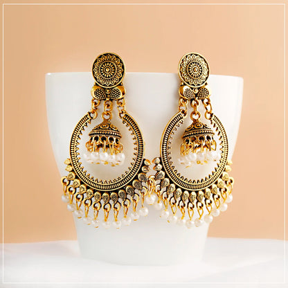 Classic Vintage Gold Round Dangle Earrings for Women - Bohemian Flower Bells, Pearl Tassel Jhumka