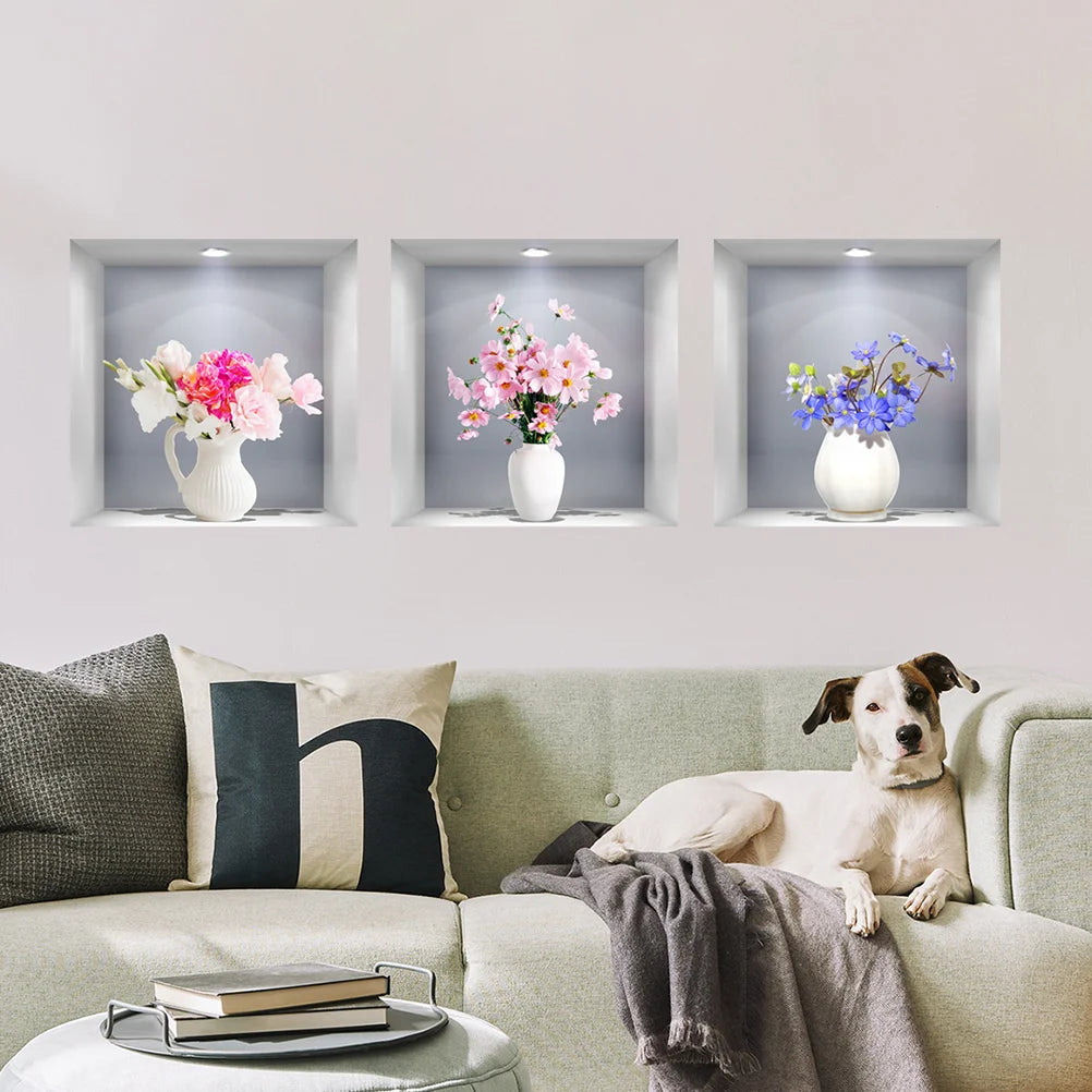 3 Pcs 3D Three-dimensional Simulation Window Flower Wall Sticker Vase Household