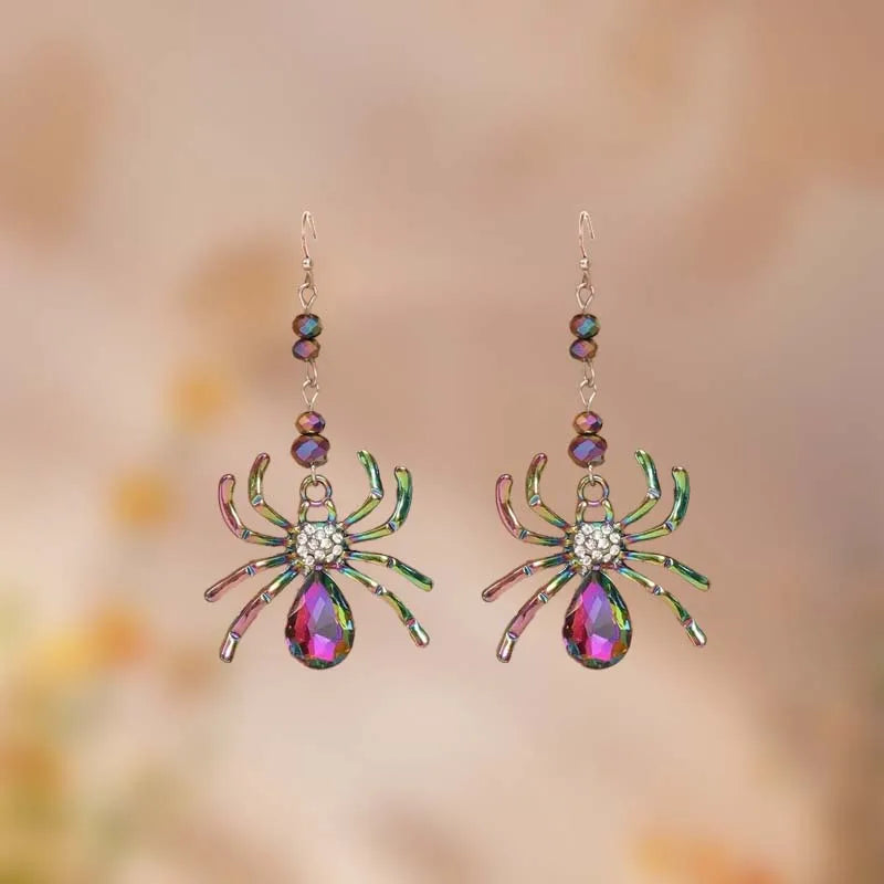 Colorful Spider Design Shiny Artificial Crystal Inlaid Dangle Earrings for Women Punk Metal Spider Earrings Halloween Jewelry