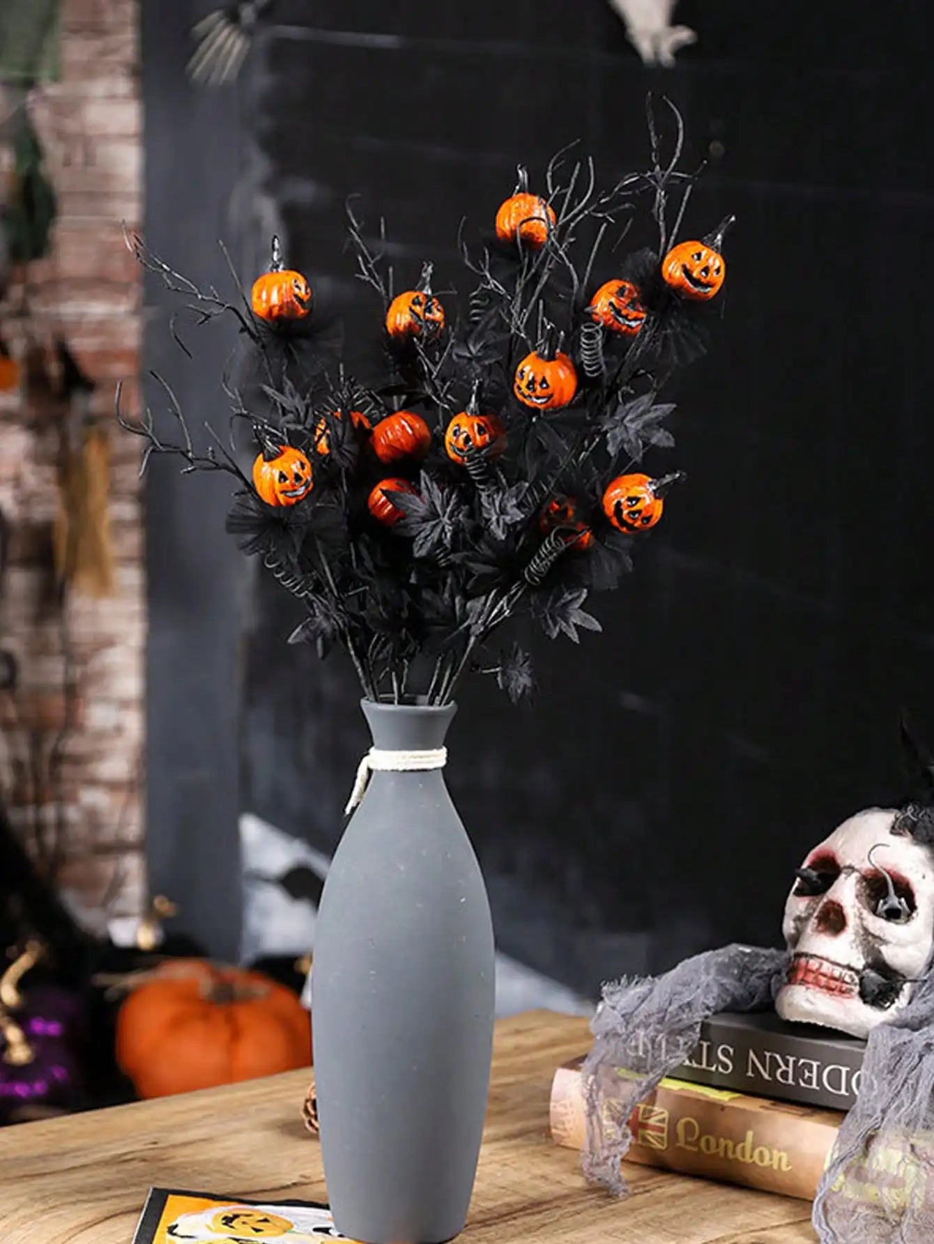 1pc Halloween Decorations, 18.5Inch Artificial Pumpkin Maple Leaf Floral Stems Decoration Black Scary Pumpkin Bouquet