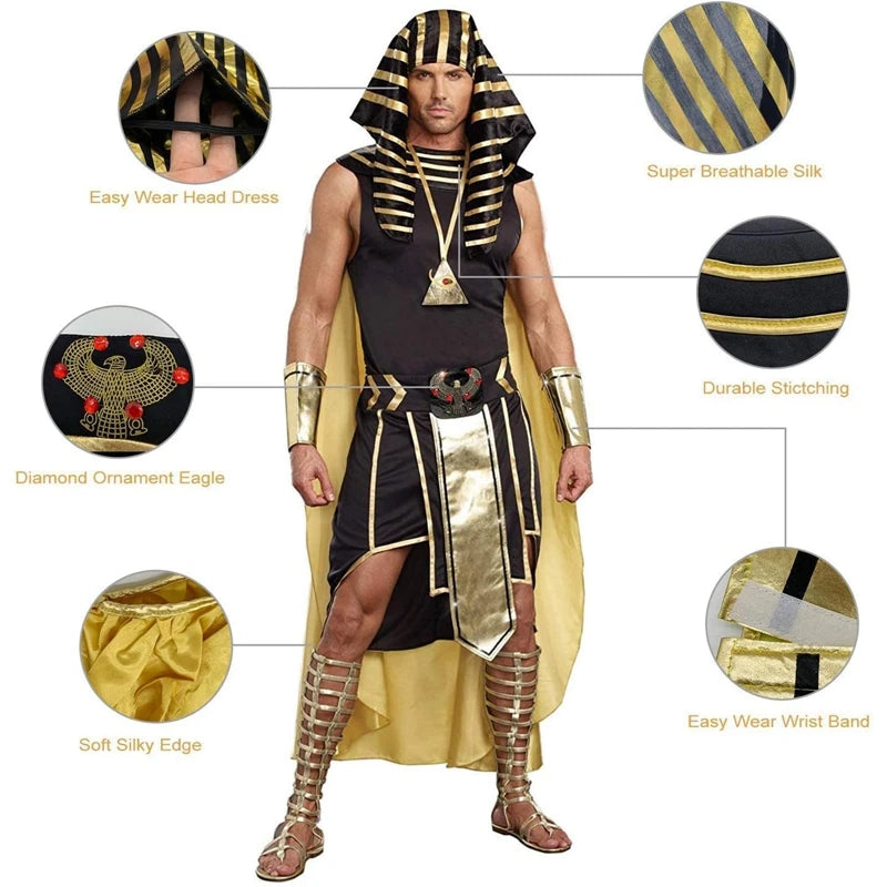 Mens Egyptian Pharaoh Costume Set 7 Pcs King of Egypt King Tut Cosplay Accessories Halloween Cosplay Party Outfits