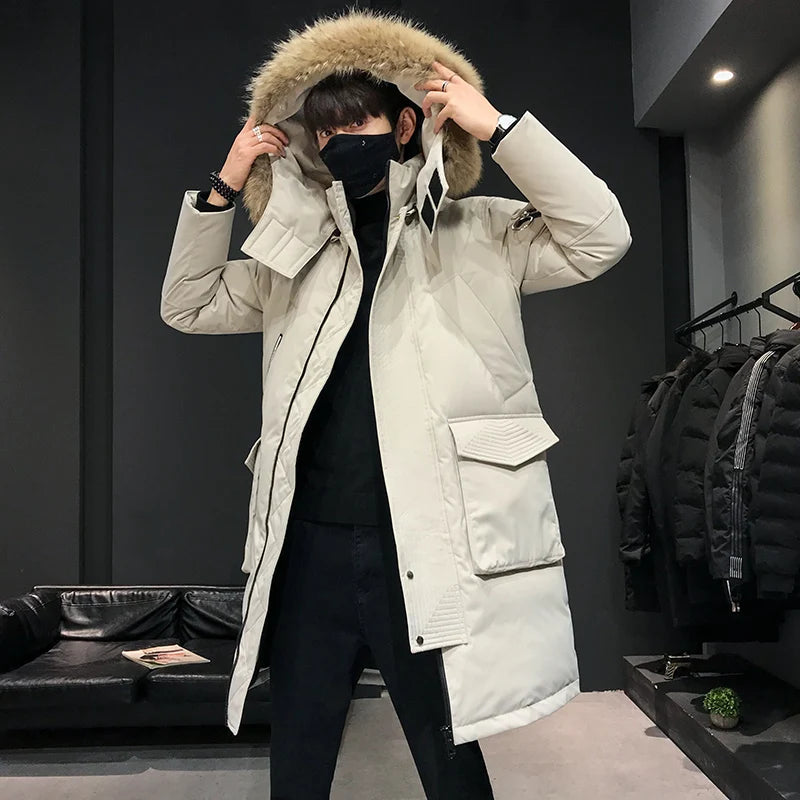 Winter Large Collar Men's Parka Down Jacket Men's Mid Length Thickened Warm White Duck down Men's And Women's Outerwear