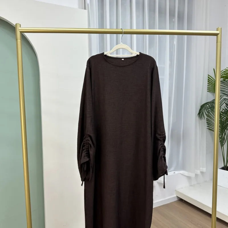 Saudi Arabia Muslim Wiomen Modest Dress Eid Dubai Plain Abaya Islamic Holiday Party Solid Turkey Lace-up Cuffs Long Clothes