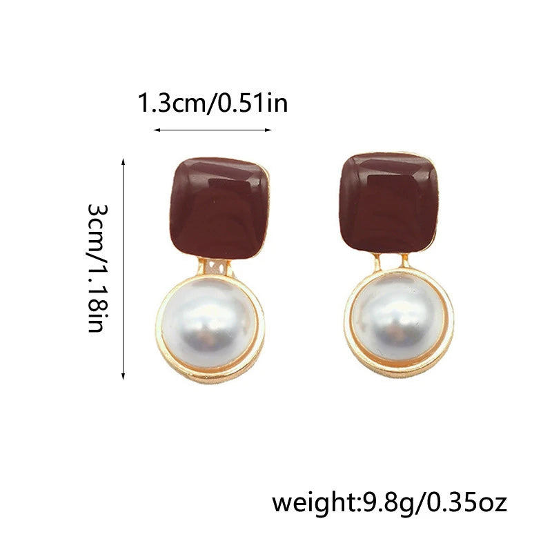 Fashion Geometric Red Enamel Stud Earrings for Women Statement Vintage Imitation Pearls Earrings Light Luxury Party Jewelry Gift