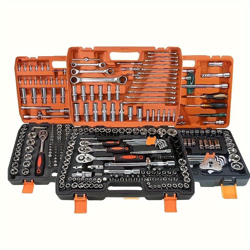 151-Piece Professional Automotive Tool Set with 53-Piece Chrome Vanadium Steel Ratcheting Wrenches and Screwdriver Kit for Car, Motorcycle, and Bicycle Maintenance - Stainless Steel Auto Repair Tools