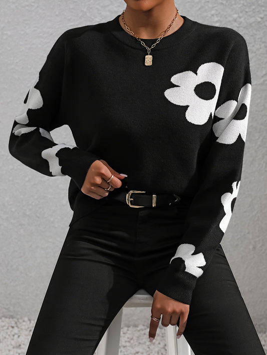 Cozy Floral Crew Neck Sweater - Women's Casual Long Sleeve Sweater for Fall & Winter - Soft, Warm, and Comfortable Clothing for Everyday Wear